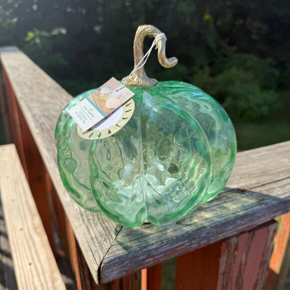 NEW Hand Blown Glass LED Pumpkin Seafoam Green Blue Semi-Transparent 7inch - Picture 3 of 5